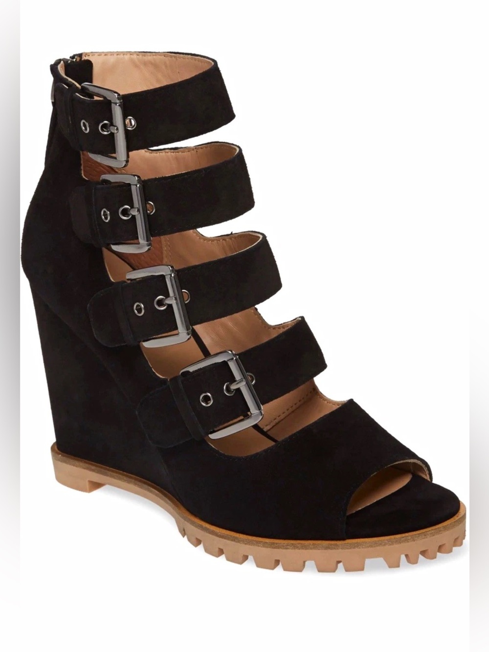 NIB Linea Paolo Wisteria Buckle Wedge Sandal Black Suede Size 10